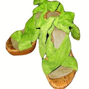 LUNA ROSA by Pazzo 4¼" H. CORK WEDGE PLATFORM HEEL Lime Green Ankle Wrap 6